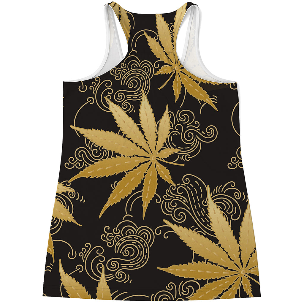 Gold Cannabis Leaf Pattern Print Women's Racerback Tank Top