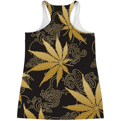 Gold Cannabis Leaf Pattern Print Women's Racerback Tank Top