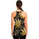 Gold Cannabis Leaf Pattern Print Women's Racerback Tank Top