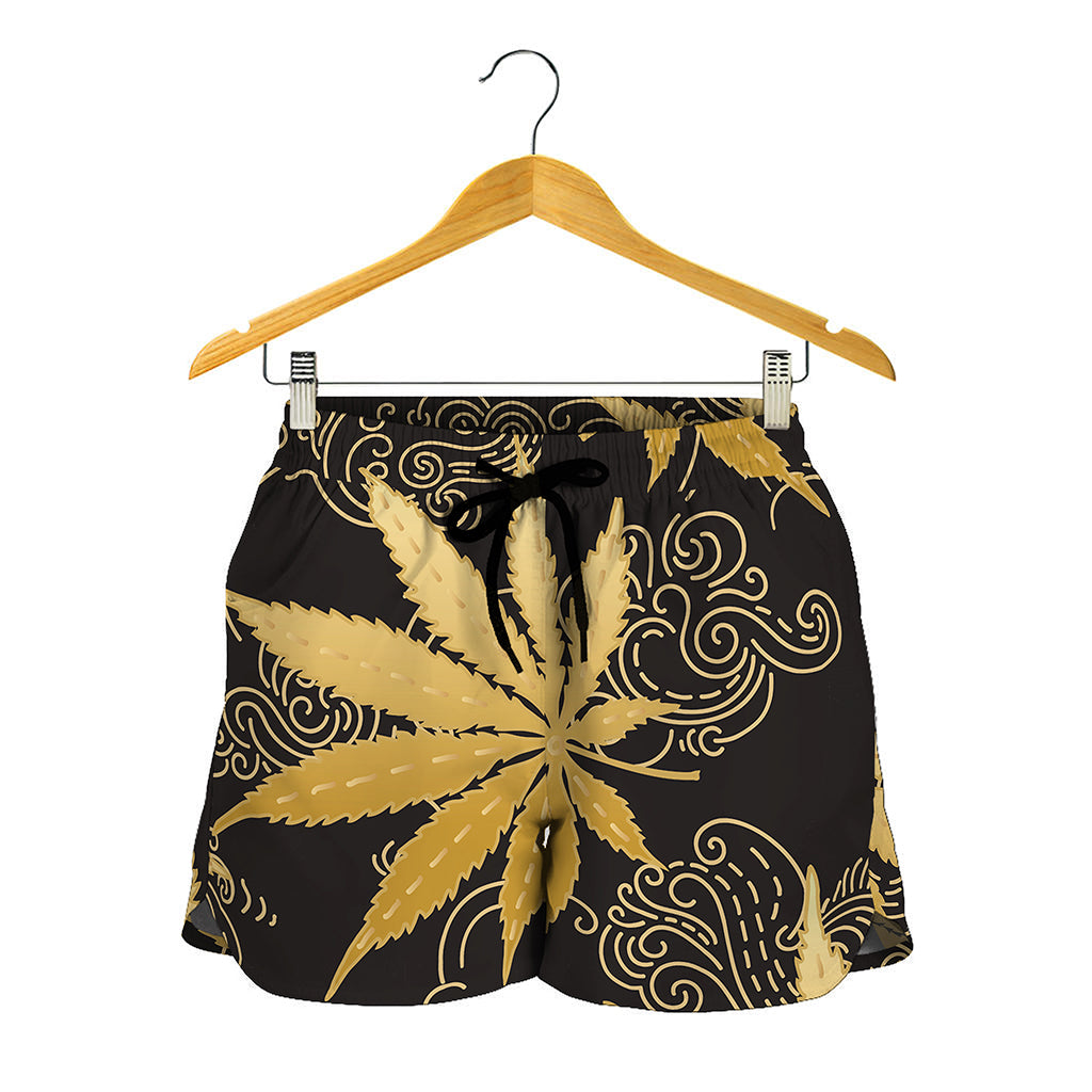 Gold Cannabis Leaf Pattern Print Women's Shorts