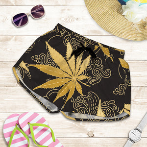 Gold Cannabis Leaf Pattern Print Women's Shorts