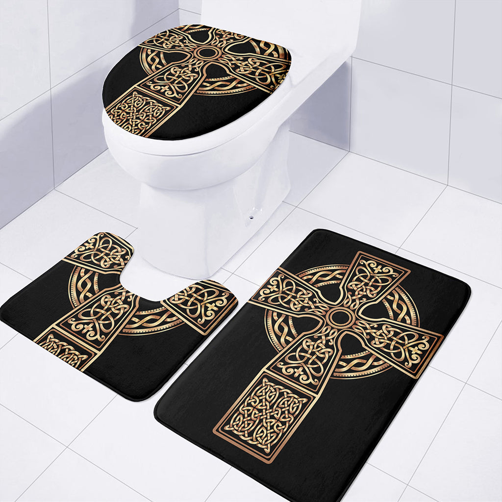 Gold Celtic Knot Cross Print 3 Piece Bath Mat Set