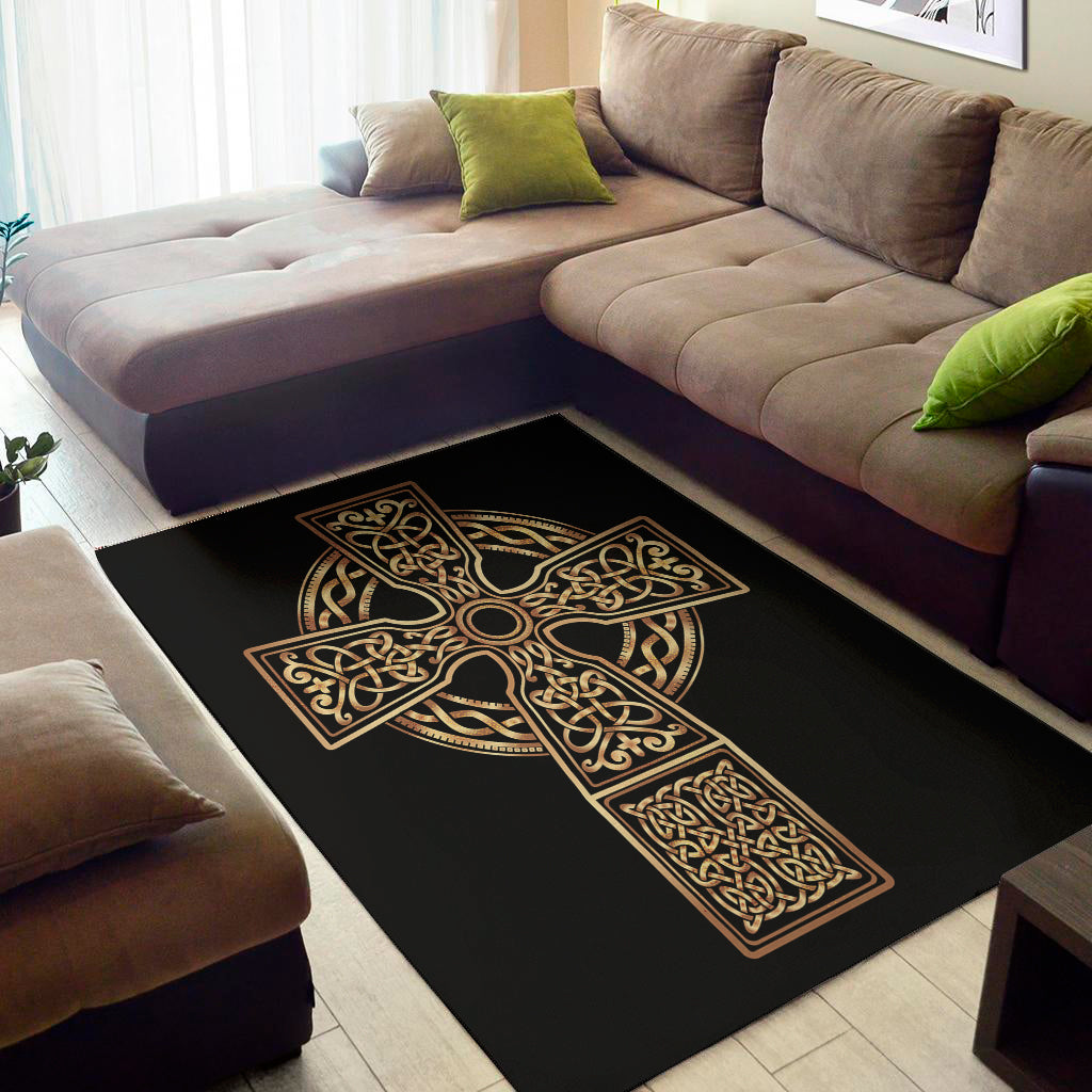 Gold Celtic Knot Cross Print Area Rug