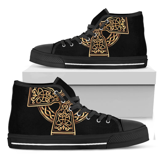 Gold Celtic Knot Cross Print Black High Top Shoes