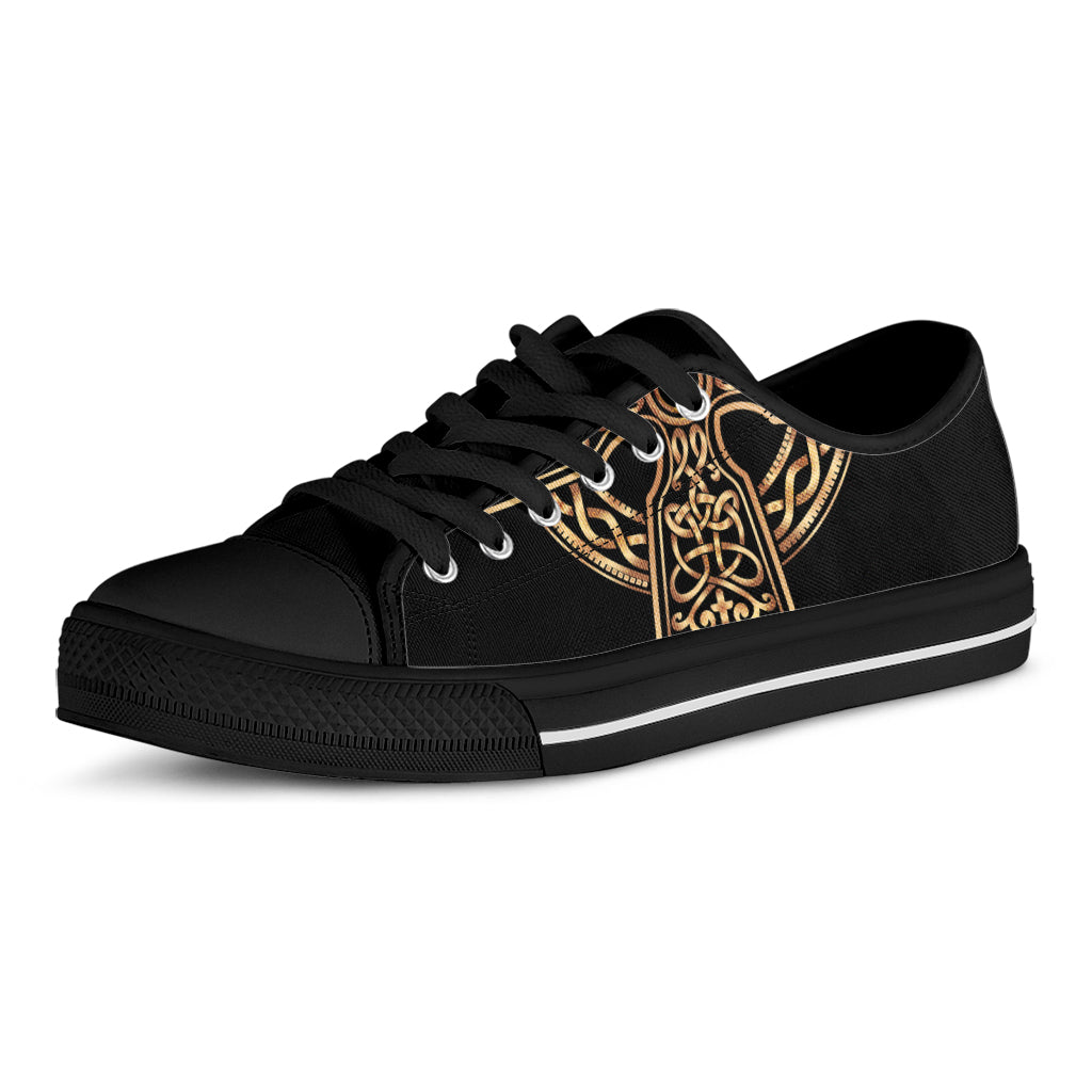 Gold Celtic Knot Cross Print Black Low Top Shoes 