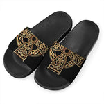 Gold Celtic Knot Cross Print Black Slide Sandals