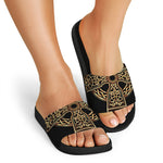 Gold Celtic Knot Cross Print Black Slide Sandals