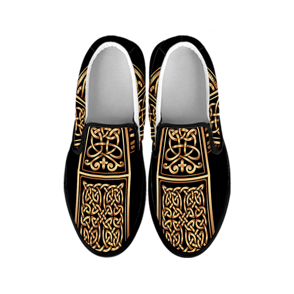 Gold Celtic Knot Cross Print Black Slip On Shoes