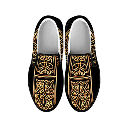 Gold Celtic Knot Cross Print Black Slip On Shoes
