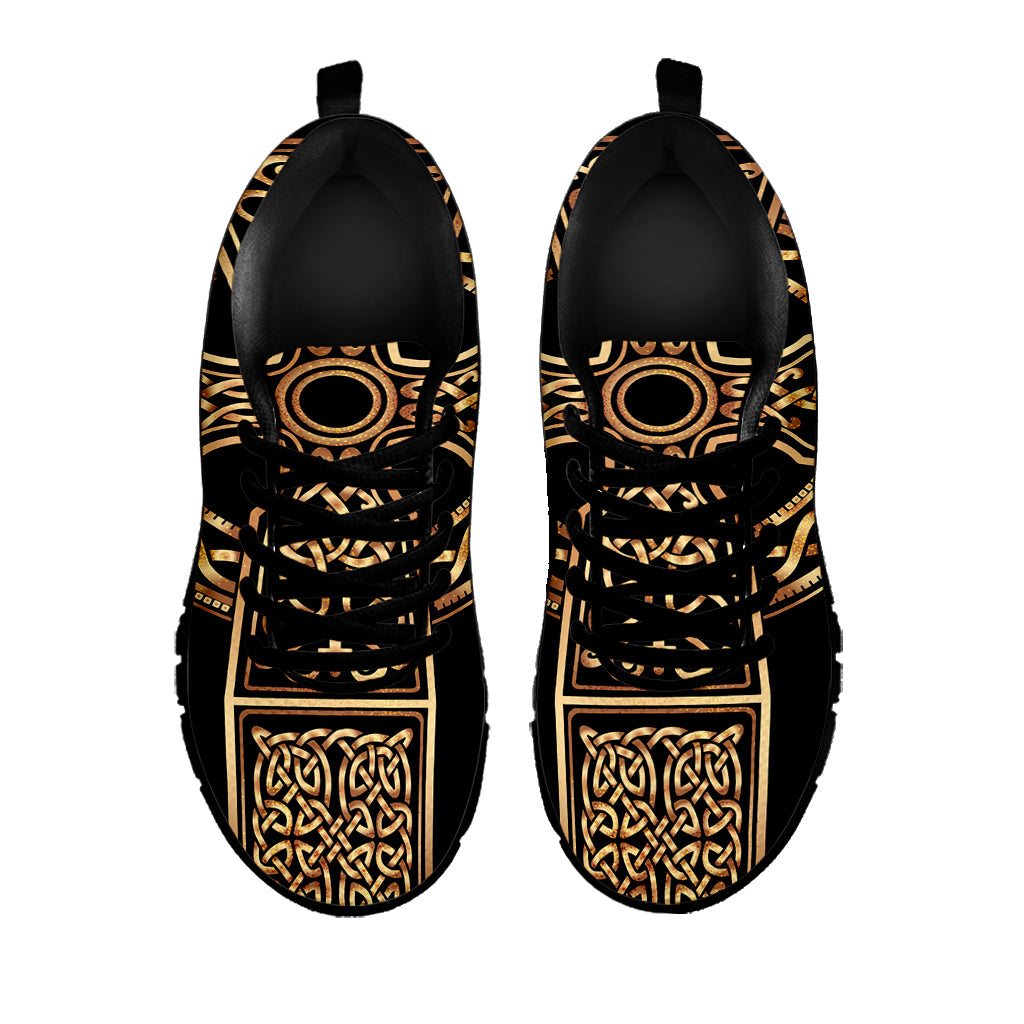 Gold Celtic Knot Cross Print Black Sneakers