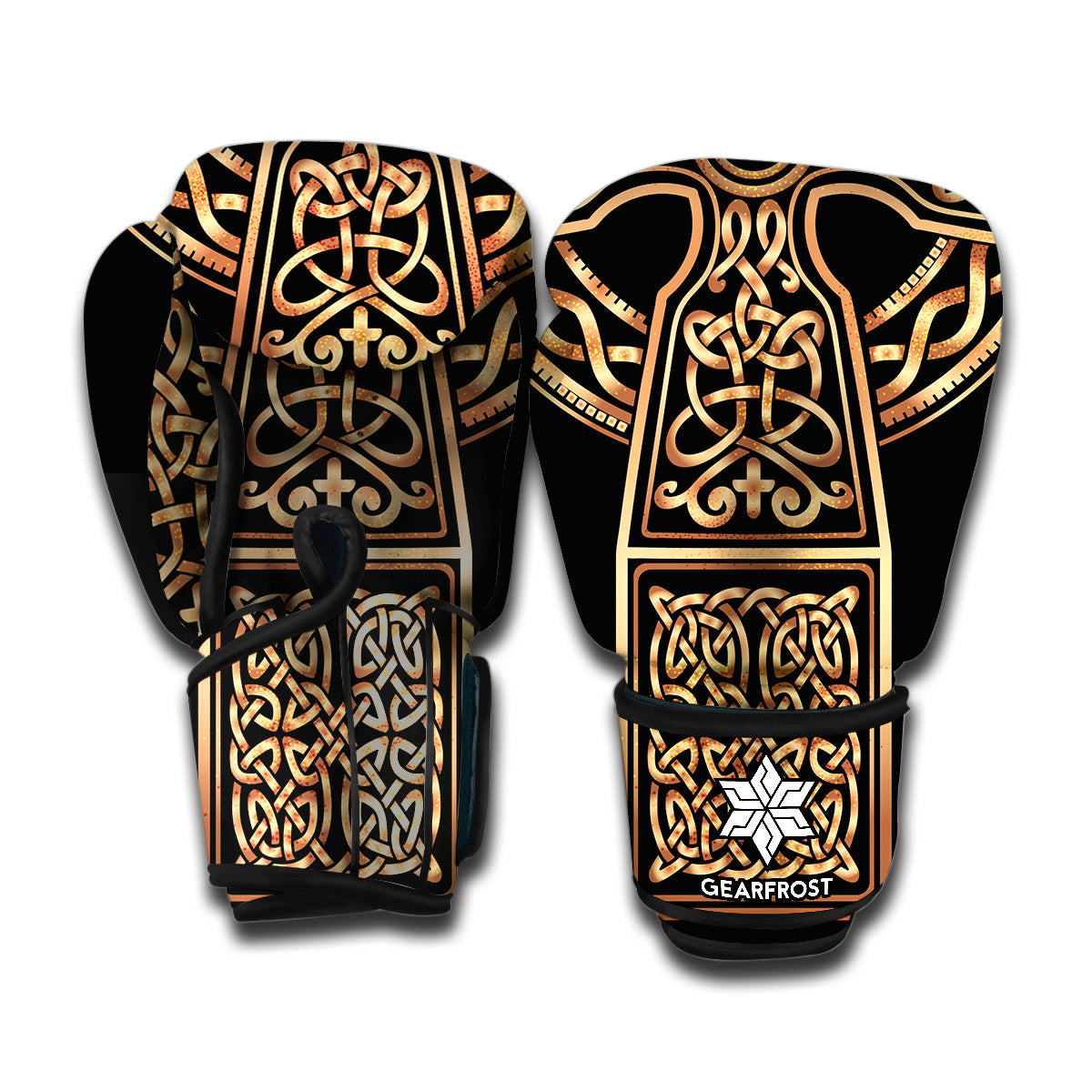 Gold Celtic Knot Cross Print Boxing Gloves