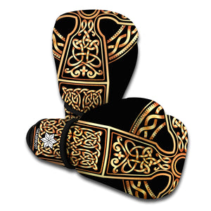 Gold Celtic Knot Cross Print Boxing Gloves