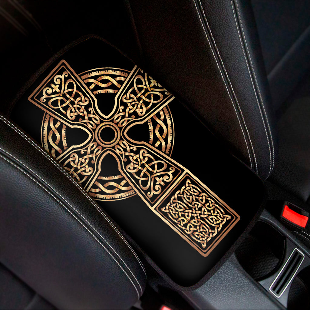 Gold Celtic Knot Cross Print Car Center Console Cover