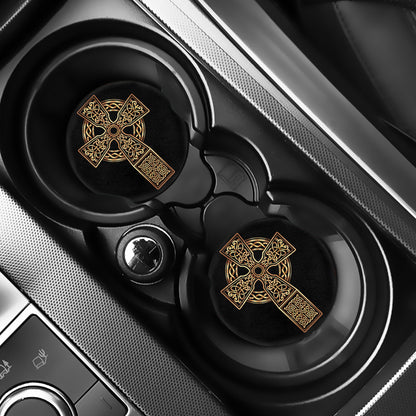 Gold Celtic Knot Cross Print Car Coasters