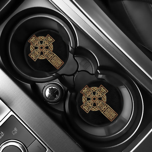 Gold Celtic Knot Cross Print Car Coasters