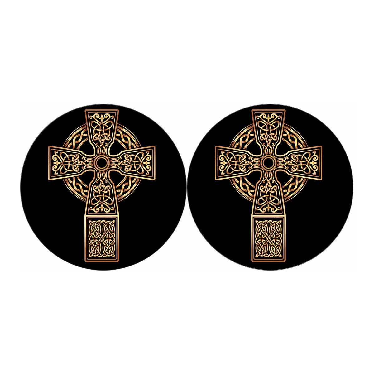 Gold Celtic Knot Cross Print Car Coasters