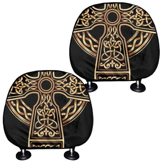 Gold Celtic Knot Cross Print Car Headrest Covers