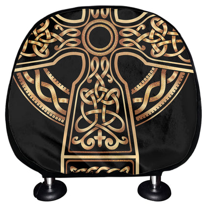 Gold Celtic Knot Cross Print Car Headrest Covers