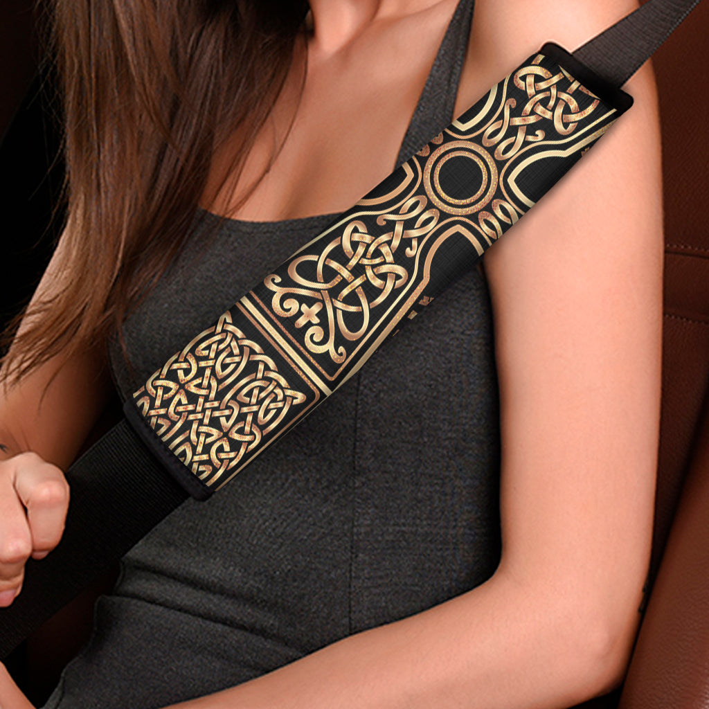 Gold Celtic Knot Cross Print Car Seat Belt Covers