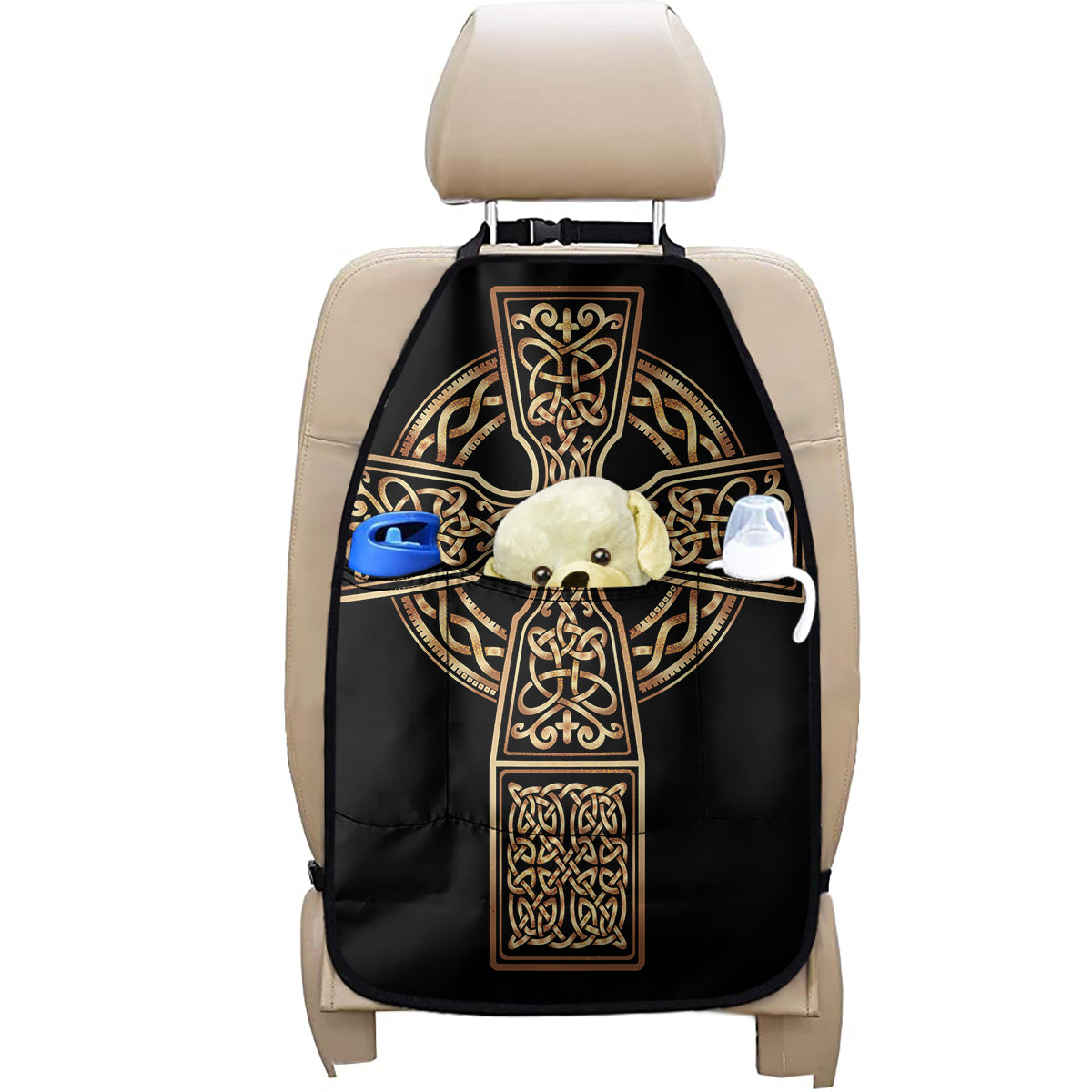 Gold Celtic Knot Cross Print Car Seat Organizers