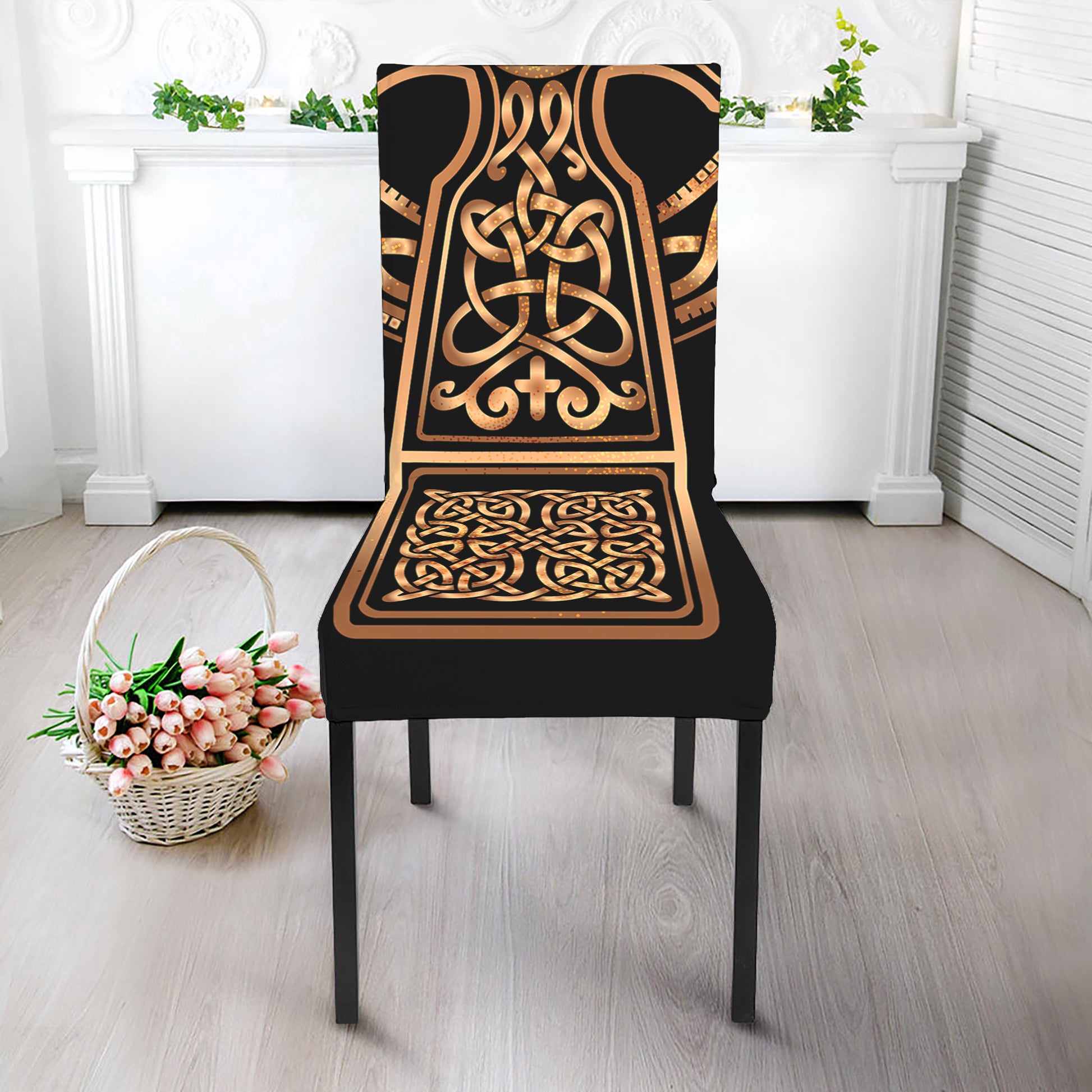 Gold Celtic Knot Cross Print Dining Chair Slipcover