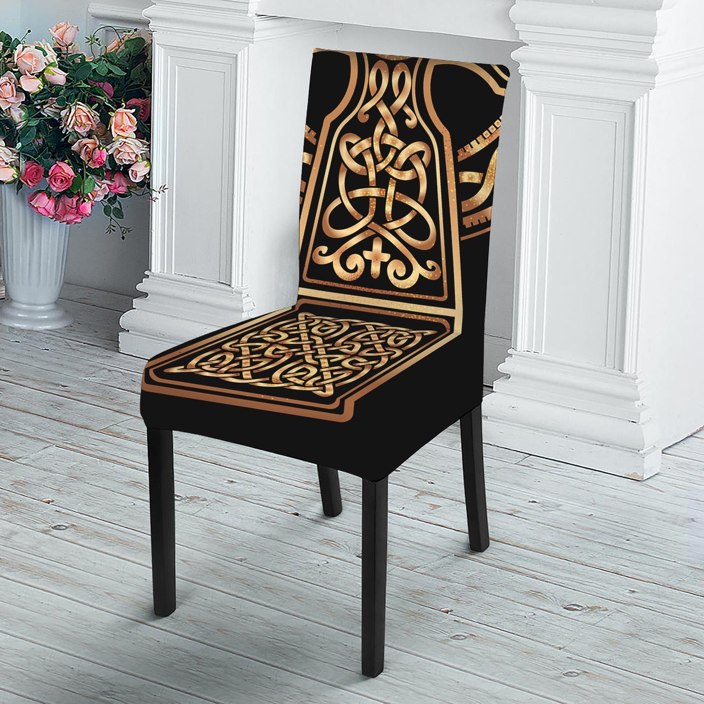 Gold Celtic Knot Cross Print Dining Chair Slipcover