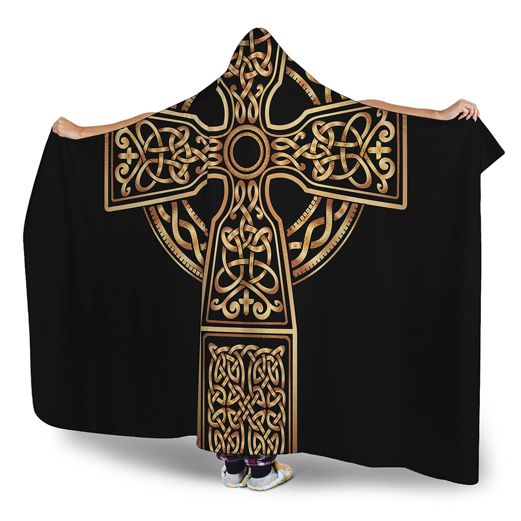 Gold Celtic Knot Cross Print Hooded Blanket