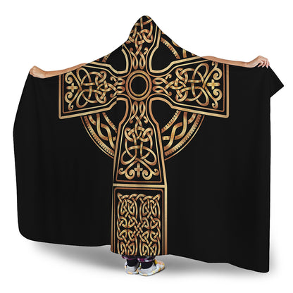 Gold Celtic Knot Cross Print Hooded Blanket