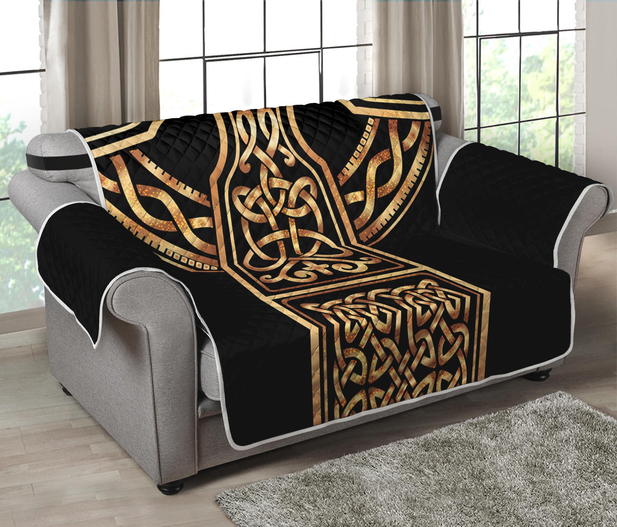 Gold Celtic Knot Cross Print Loveseat Protector