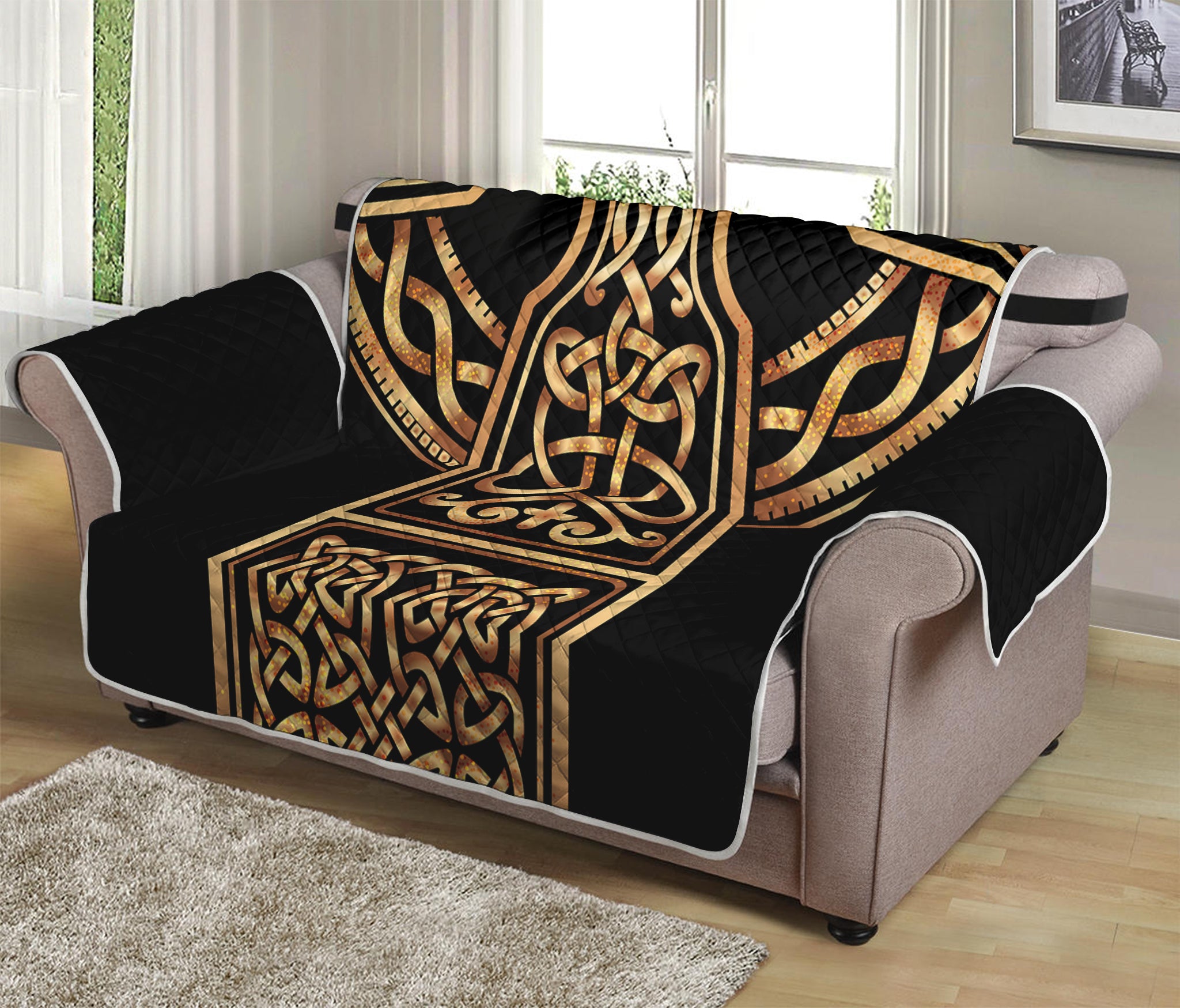 Gold Celtic Knot Cross Print Loveseat Protector