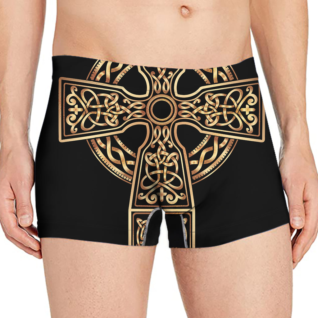 Gold Celtic Knot Cross Print Men's Boxer Briefs