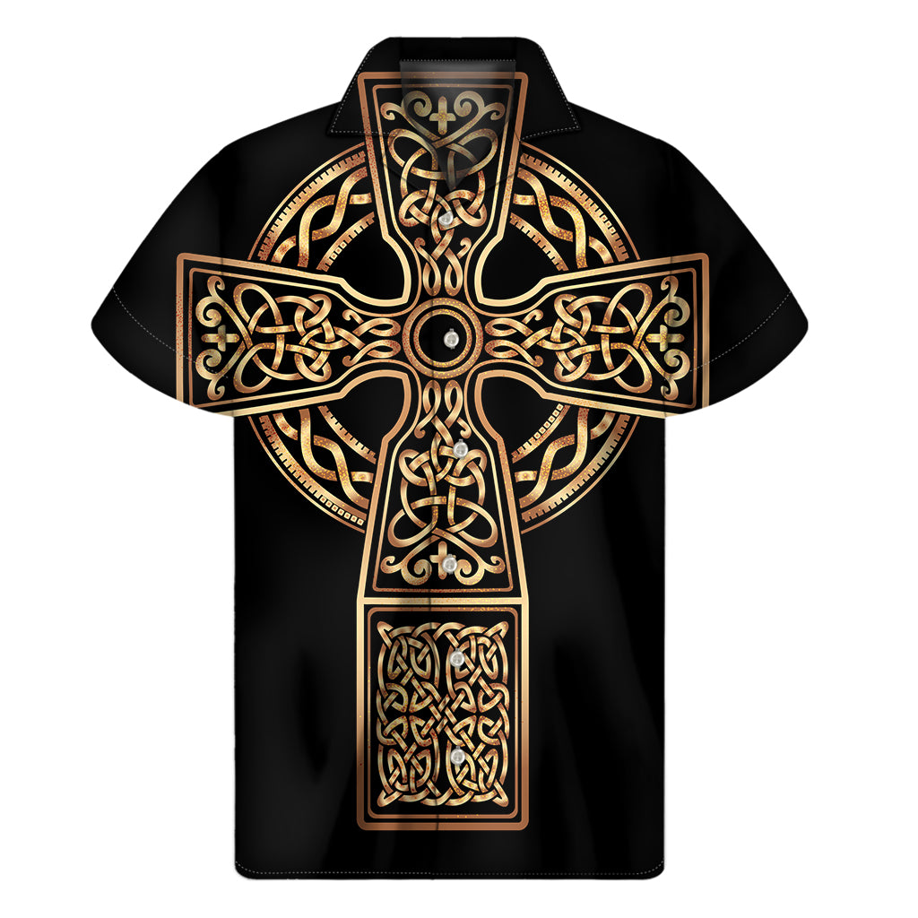 Gold Celtic Knot Cross Print Men's Short Sleeve Shirt