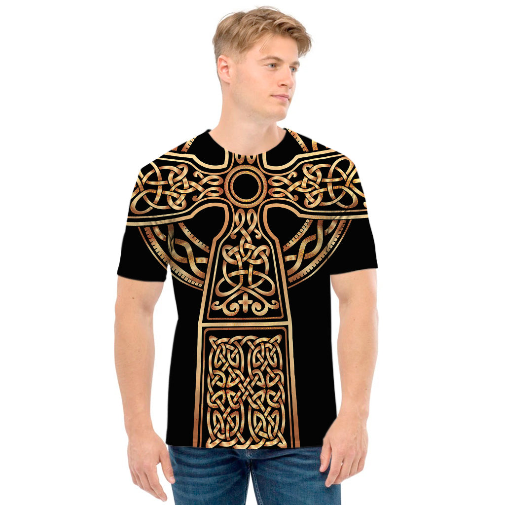 Gold Celtic Knot Cross Print Men's T-Shirt