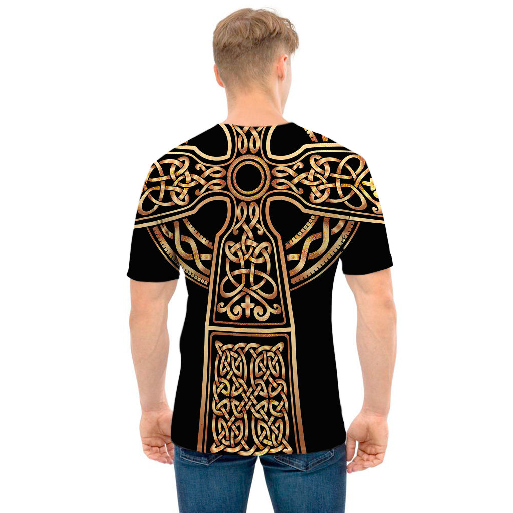 Gold Celtic Knot Cross Print Men's T-Shirt