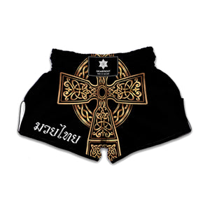 Gold Celtic Knot Cross Print Muay Thai Boxing Shorts