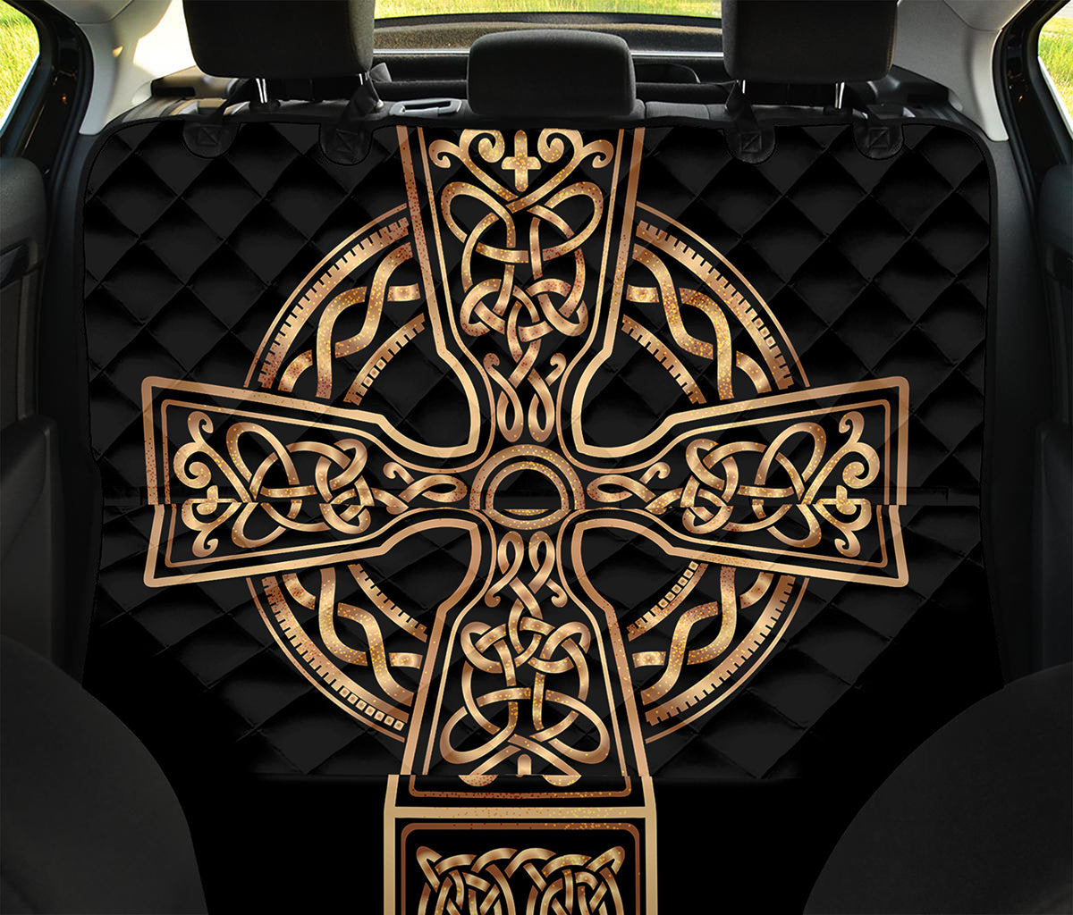 Gold Celtic Knot Cross Print Pet Car Back Seat Cover