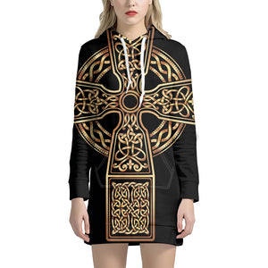 Gold Celtic Knot Cross Print Pullover Hoodie Dress