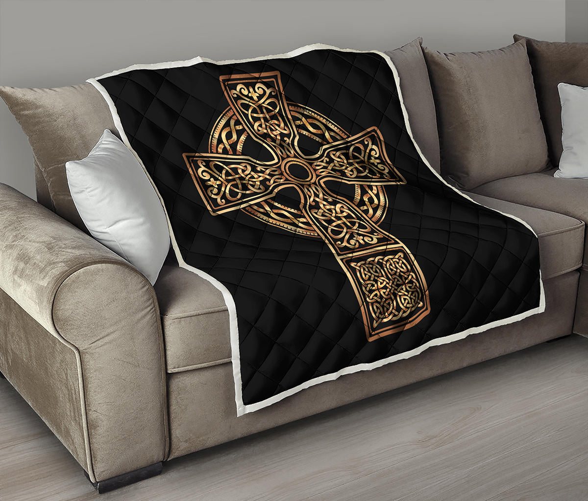 Gold Celtic Knot Cross Print Quilt