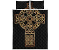 Gold Celtic Knot Cross Print Quilt Bed Set