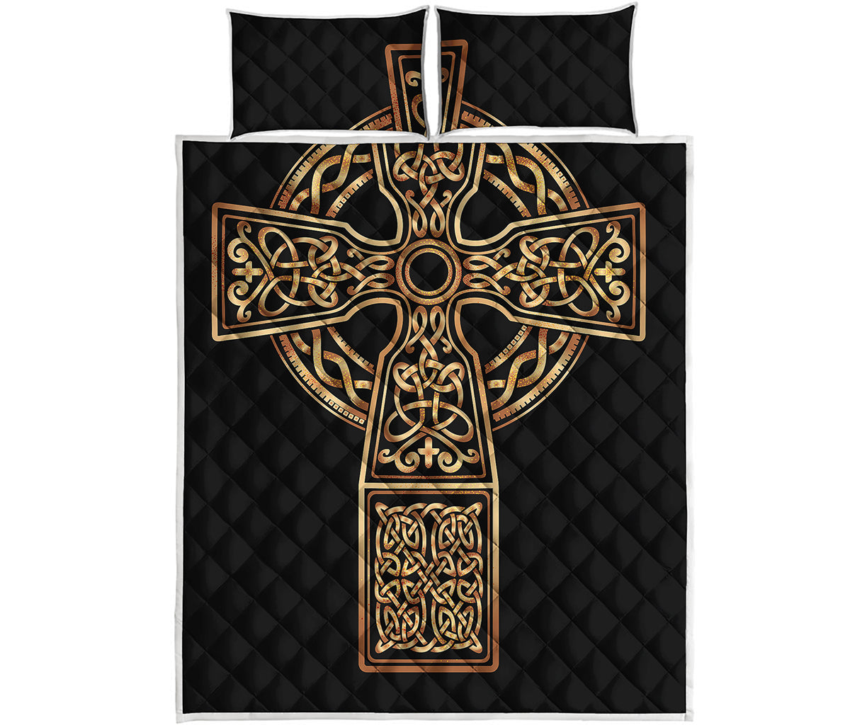Gold Celtic Knot Cross Print Quilt Bed Set