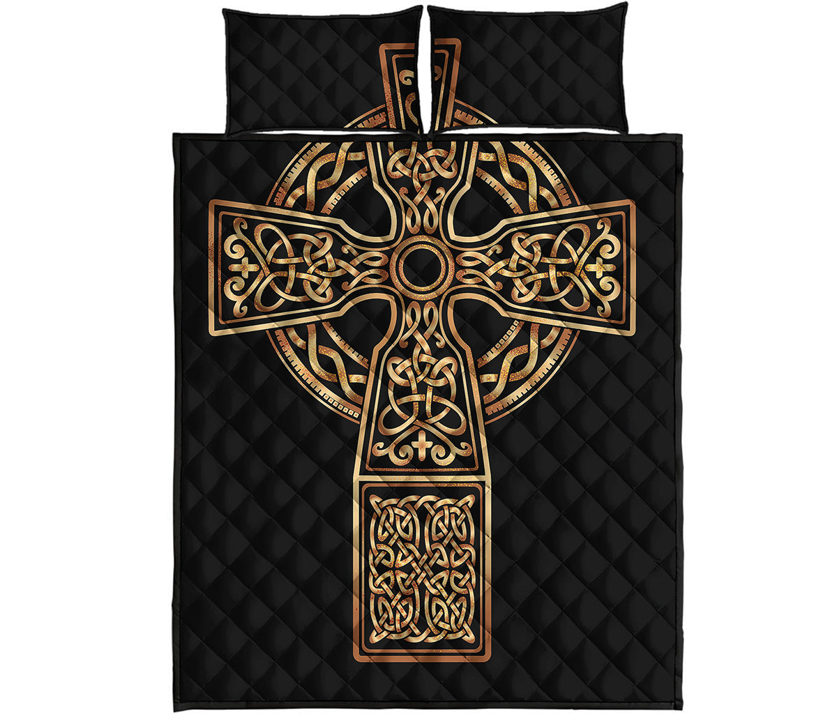 Gold Celtic Knot Cross Print Quilt Bed Set