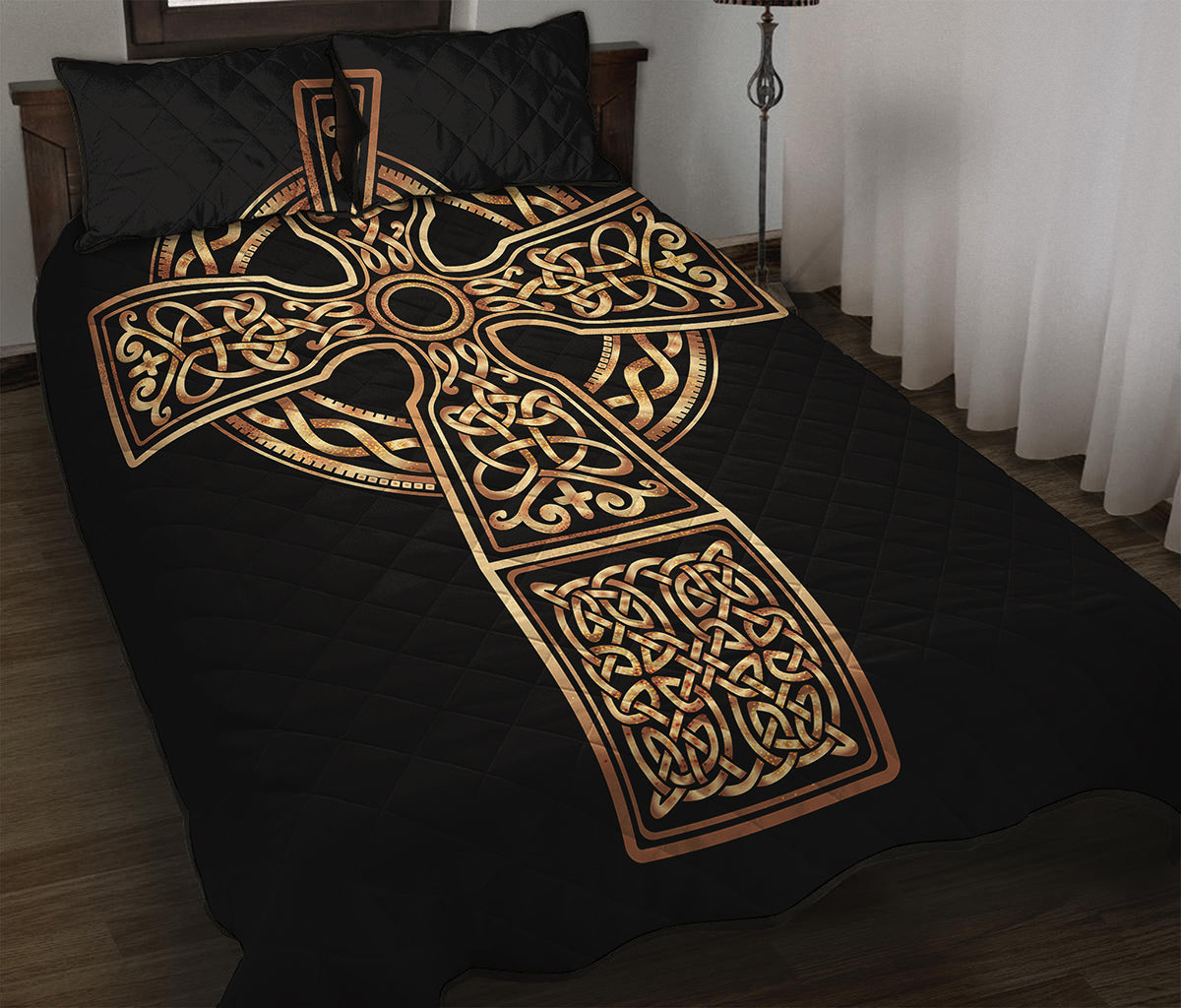 Gold Celtic Knot Cross Print Quilt Bed Set