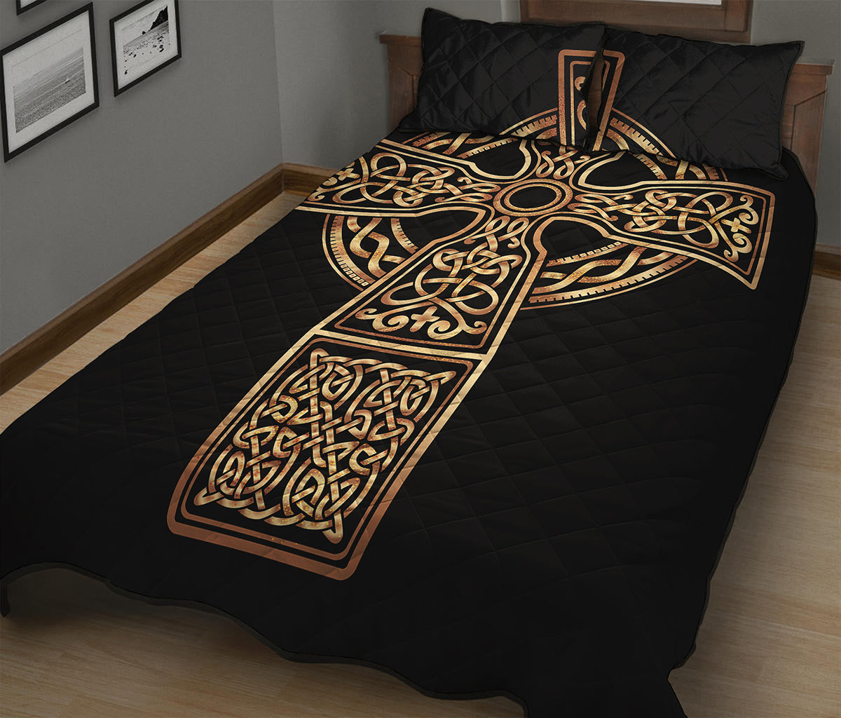 Gold Celtic Knot Cross Print Quilt Bed Set