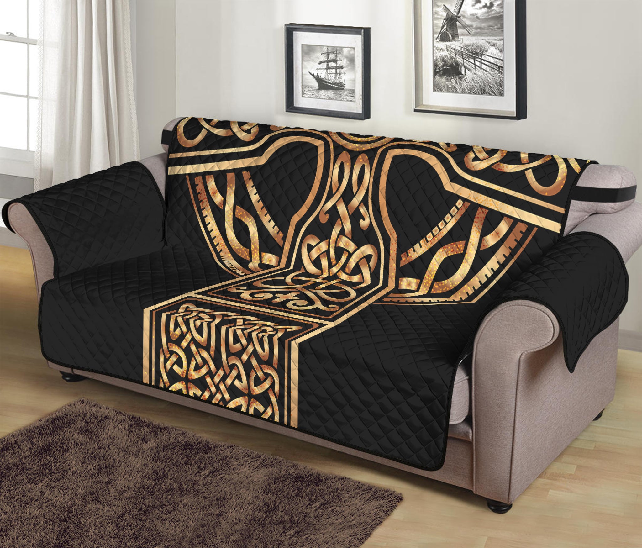 Gold Celtic Knot Cross Print Sofa Protector