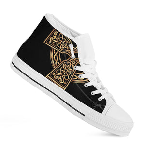 Gold Celtic Knot Cross Print White High Top Shoes