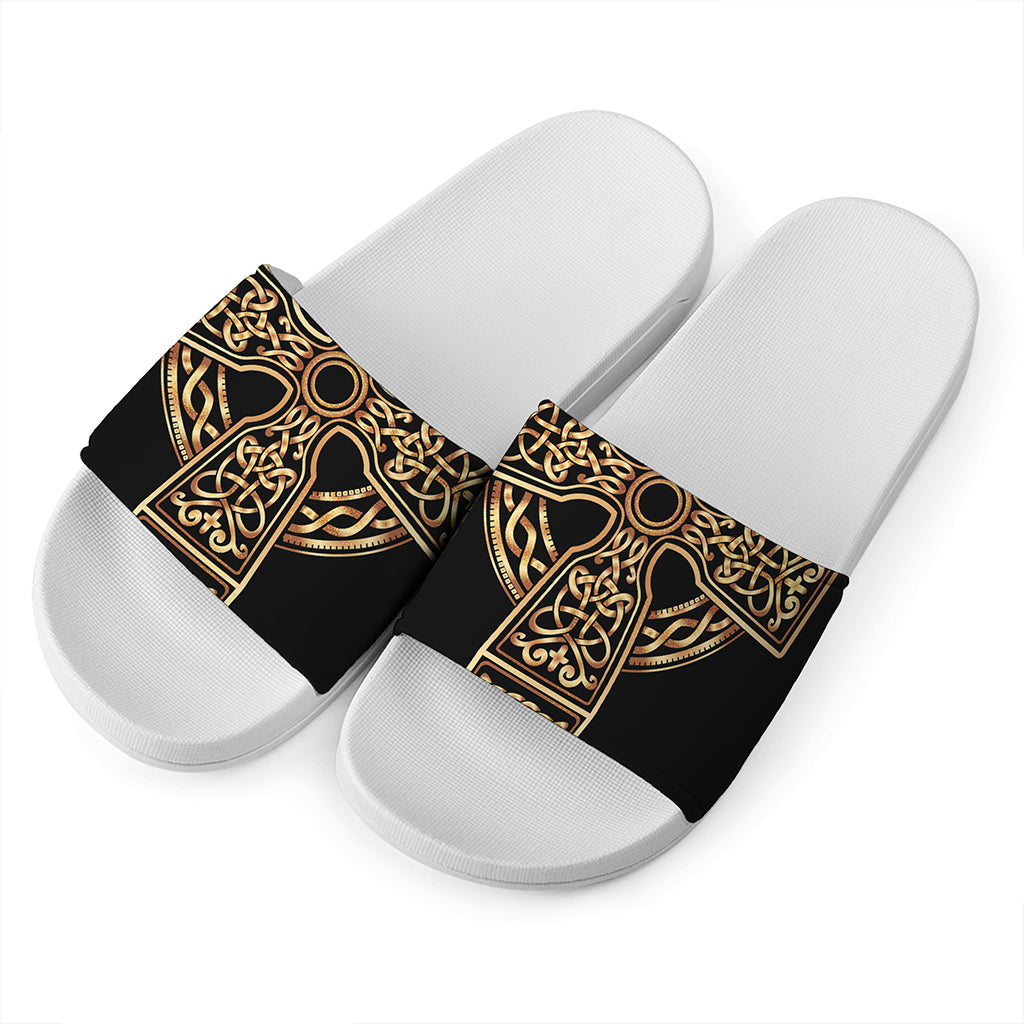 Gold Celtic Knot Cross Print White Slide Sandals