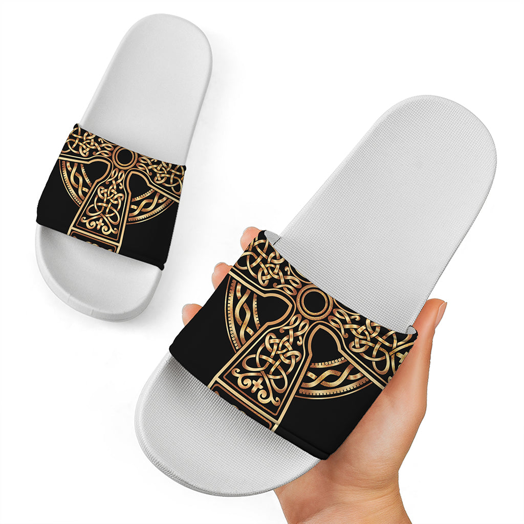 Gold Celtic Knot Cross Print White Slide Sandals