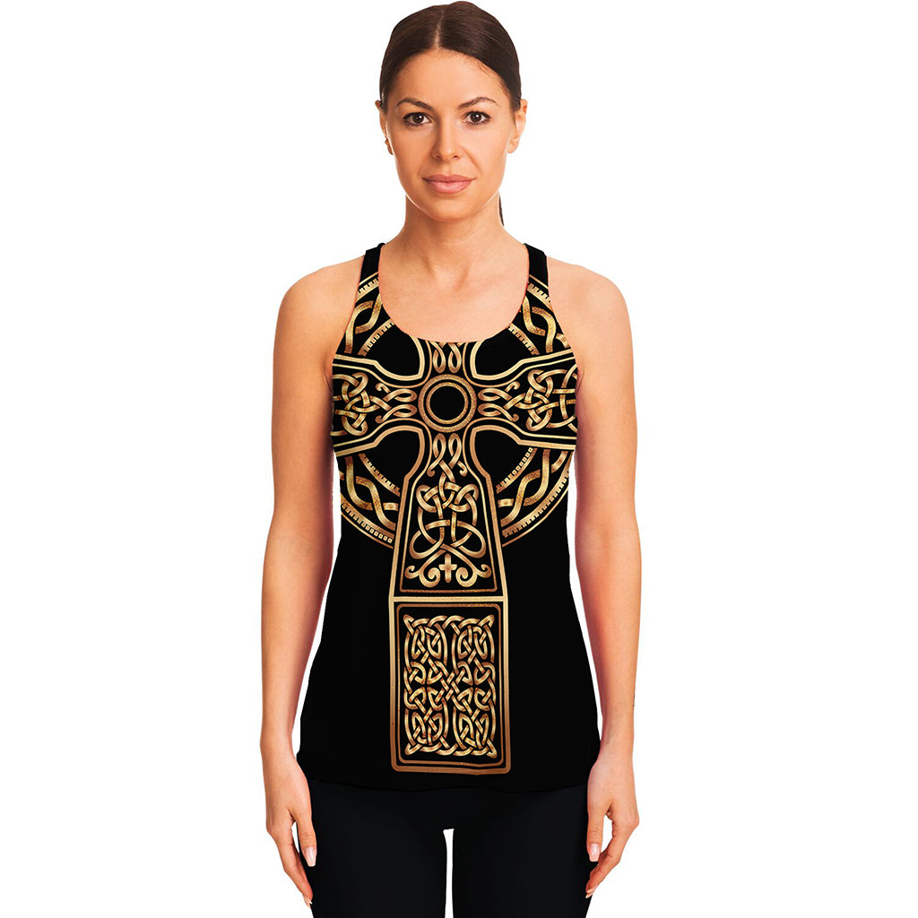 Gold Celtic Knot Cross Print Women's Racerback Tank Top