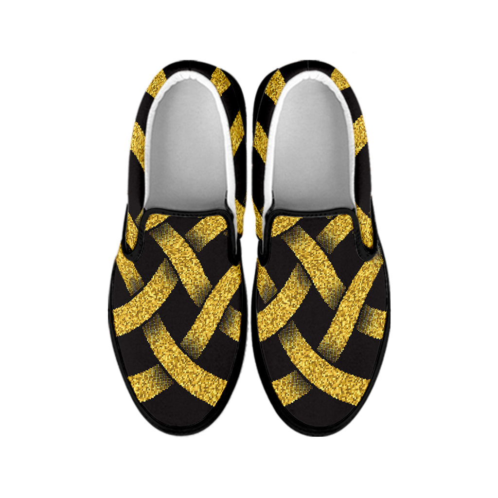 Gold Celtic Knot Symbol Print Black Slip On Shoes