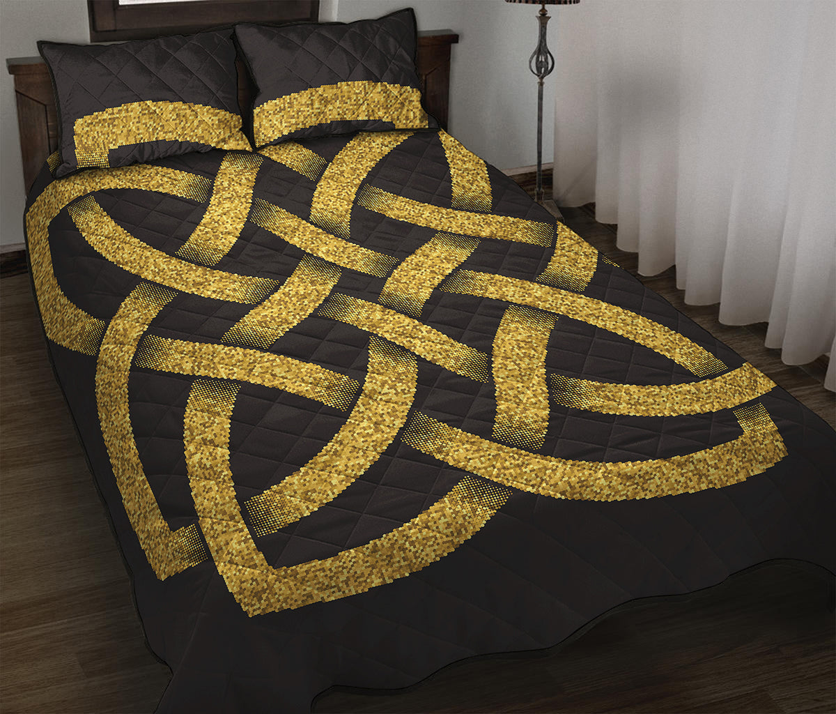 Gold Celtic Knot Symbol Print Quilt Bed Set